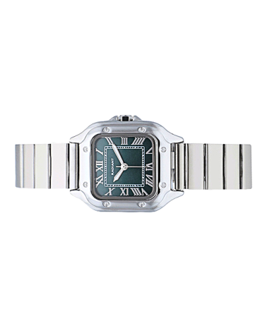 RELOJ ACERO PLATEADO DE MUJER CAJA CUADRADA ESFERA VERDE OSCURO NÚMEROS ROMANOS