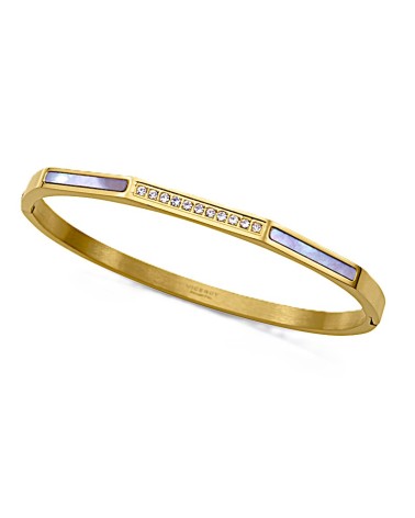 PULSERA RÍGIDA BRAZALETE DORADO ACERO CON CIRCONITAS Y NÁCAR BLANCO