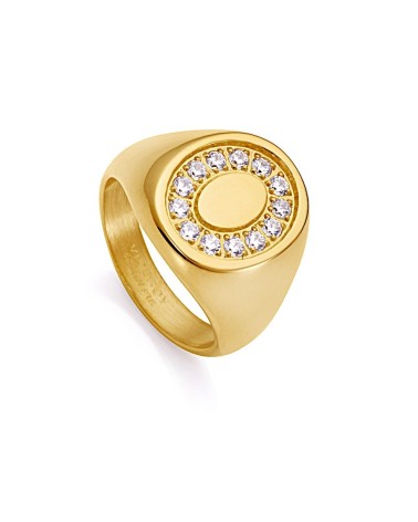 ANILLO ACERO DORADO MODELO SELLO OVALADO ORLA DE CIRCONITAS
