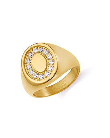 ANILLO ACERO DORADO MODELO SELLO OVALADO ORLA DE CIRCONITAS