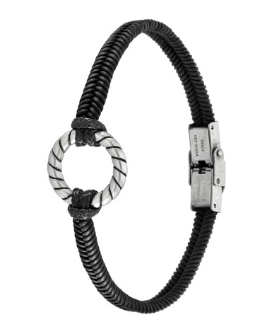 PULSERA CUERO TRENZADO NEGO CON CIRCULO DE ACERO CENTRAL COLOR PLATA