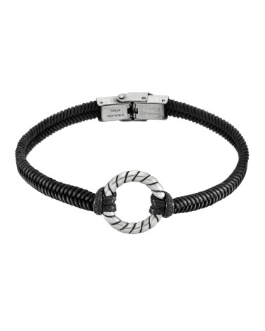 PULSERA CUERO TRENZADO NEGO CON CIRCULO DE ACERO CENTRAL COLOR PLATA