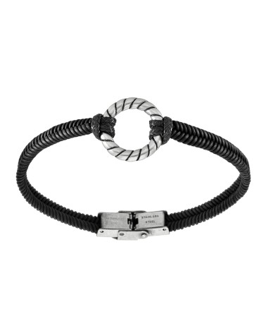 PULSERA CUERO TRENZADO NEGO CON CIRCULO DE ACERO CENTRAL COLOR PLATA