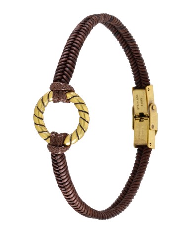 PULSERA CUERO TRENZADO COLOR MARRÓN CÍRCULO ACERO DORADO