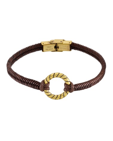 PULSERA CUERO TRENZADO COLOR MARRÓN CÍRCULO ACERO DORADO