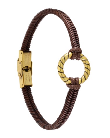 PULSERA CUERO TRENZADO COLOR MARRÓN CÍRCULO ACERO DORADO
