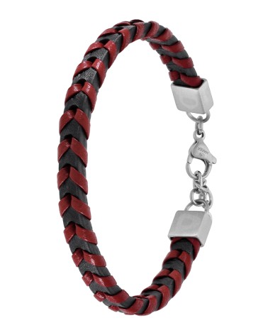 PULSERA DE HOMBRE CUERO TRENZADO COLOR ROJO Y NEGRO CON ACERO