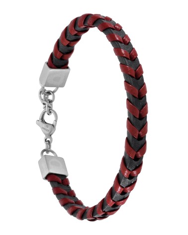 PULSERA DE HOMBRE CUERO TRENZADO COLOR ROJO Y NEGRO CON ACERO