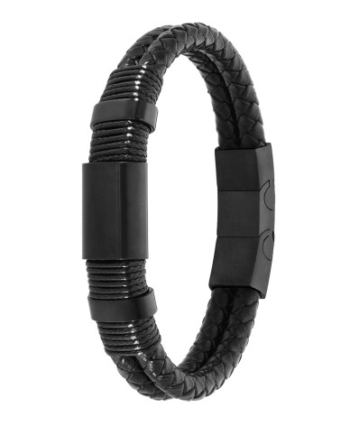 PULSERA DE HOMBRE CUERO TRENZADO NEGRO Y ACERO MATIZADO