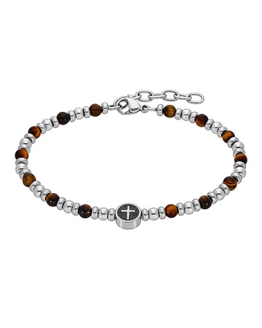 PULSERA DE HOMBRE BOLAS DE ACERO Y CON OJO DE TIGRE CON CHAPA DE CRUZ
