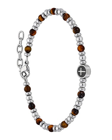 PULSERA DE HOMBRE BOLAS DE ACERO Y CON OJO DE TIGRE CON CHAPA DE CRUZ