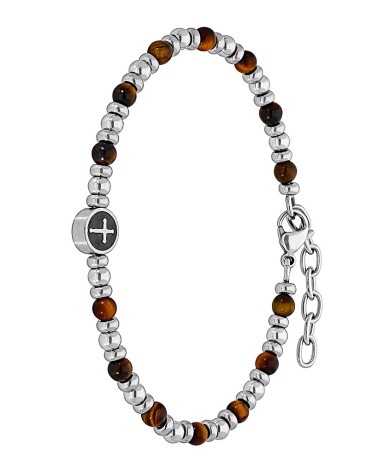 PULSERA DE HOMBRE BOLAS DE ACERO Y CON OJO DE TIGRE CON CHAPA DE CRUZ