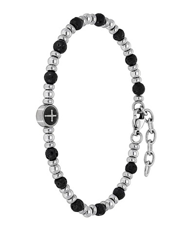 PULSERA DE HOMBRE BOLAS DE ACERO Y VOLCÁNICA NEGRA CON CHAPA Y CRUZ