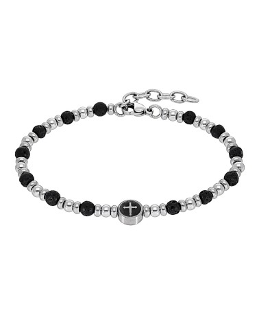 PULSERA DE HOMBRE BOLAS DE ACERO Y VOLCÁNICA NEGRA CON CHAPA Y CRUZ