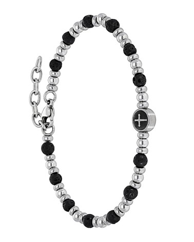 PULSERA DE HOMBRE BOLAS DE ACERO Y VOLCÁNICA NEGRA CON CHAPA Y CRUZ
