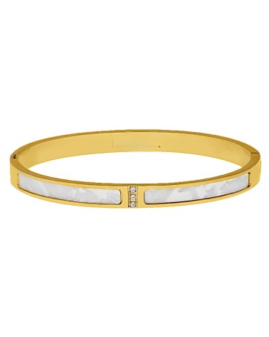 PULSERA BRAZALETE RÍGIDO ACERO DORADO CON NÁCAR Y CIRCONITAS