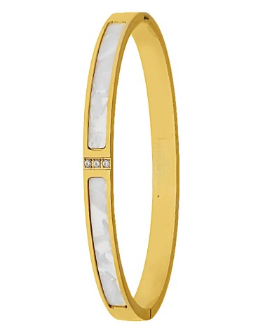 PULSERA BRAZALETE RÍGIDO ACERO DORADO CON NÁCAR Y CIRCONITAS