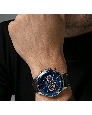 RELOJ DE HOMBRE CRONÓGRADO CORREA PIEL MARRÓN CAJA ACERO COMBINADO CON ALUMINIO COLOR AZUL