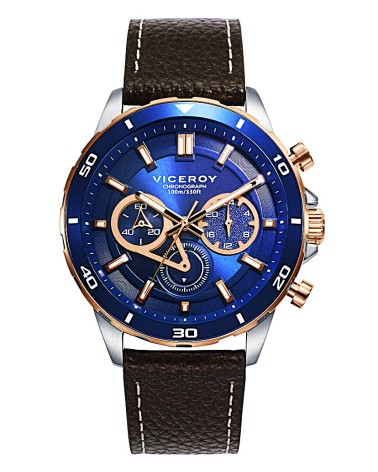 RELOJ DE HOMBRE CRONÓGRADO CORREA PIEL MARRÓN CAJA ACERO COMBINADO CON ALUMINIO COLOR AZUL
