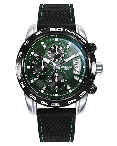 RELOJ DE HOMBRE CRONÓGRADO CORREA CAUCHO NEGRA CAJA ACERO FONDO VERDE NEGRO