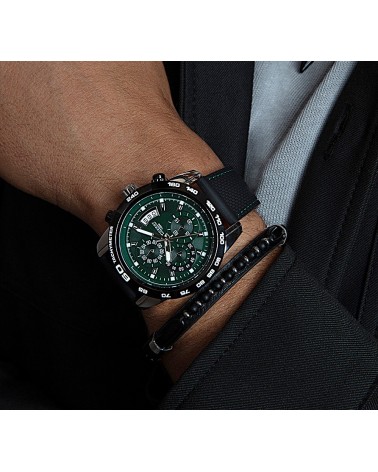RELOJ DE HOMBRE CRONÓGRADO CORREA CAUCHO NEGRA CAJA ACERO FONDO VERDE NEGRO
