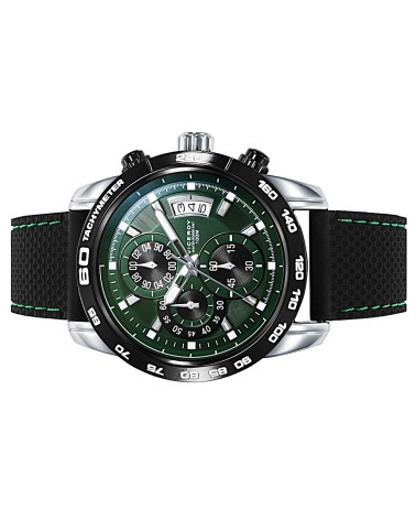 RELOJ DE HOMBRE CRONÓGRADO CORREA CAUCHO NEGRA CAJA ACERO FONDO VERDE NEGRO