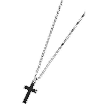 CADENA ACERO PLATEADA Y COLGANTE DE CRUZ COLOR NEGRO