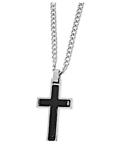 CADENA ACERO PLATEADA Y COLGANTE DE CRUZ COLOR NEGRO