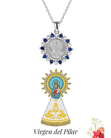 COLLAR Y COLGANTE PLATA 1ª LEY DE MEDALLA VIRGEN DEL PILAR ORLA PERLA Y PIEDRA AZUL