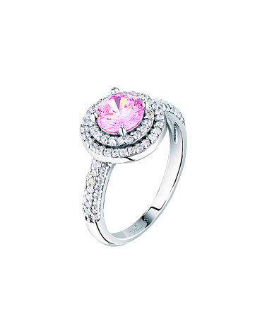 ANILLO PLATA 1ª LEY BRAZO Y DOBLE ORLA DE CIRCONITAS CENTRO PIEDRA ROSA