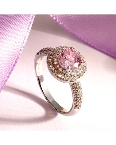 ANILLO PLATA 1ª LEY BRAZO Y DOBLE ORLA DE CIRCONITAS CENTRO PIEDRA ROSA