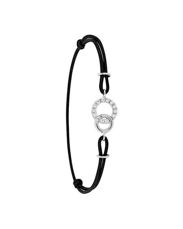 PULSERA PLATA 1ª LEY HILO DE SEDA NEGRO DOS AROS ENTRELAZADOS CON CIRCONITAS