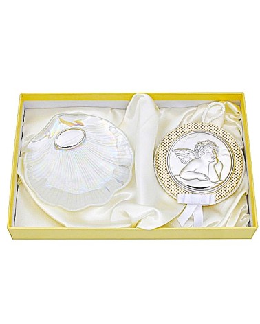 ESTUCHE PARA BEBÉ CONCHA DE BAUTISMO NÁCAR Y MEDALLA CUNA ANGELITO