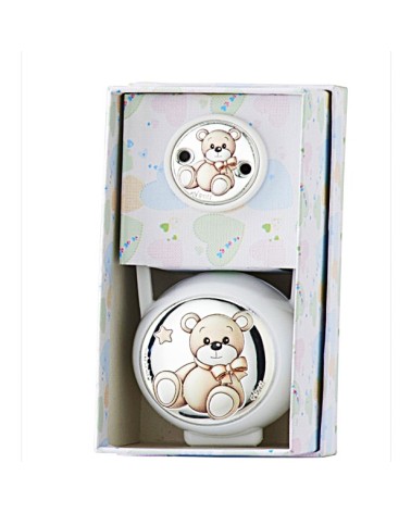 SET PARA BEBÉ PORTA CHUPETE Y PINZA CHUPETERO BLANCO FIGURA OSO