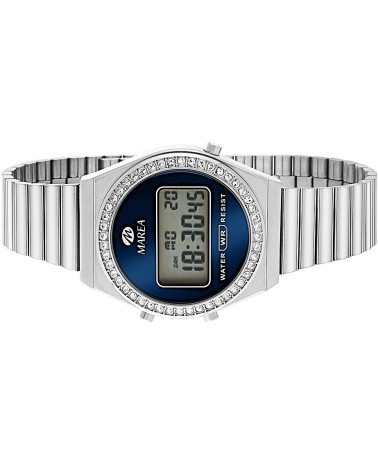 RELOJ ACERO PLATEADO DIGITAL ESFERA AZUL CON ORLA DE CIRCONITAS