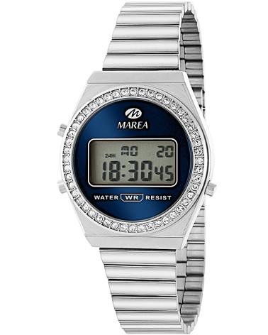 RELOJ ACERO PLATEADO DIGITAL ESFERA AZUL CON ORLA DE CIRCONITAS