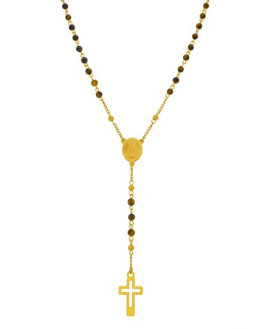 COLLAR ACERO DORADO ROSARIO CON BOLAS DE OJO DE TIGRE CRUZ Y MEDALLA