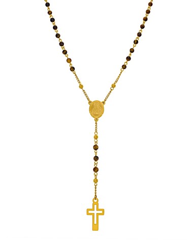 COLLAR ACERO DORADO ROSARIO CON BOLAS DE OJO DE TIGRE CRUZ Y MEDALLA