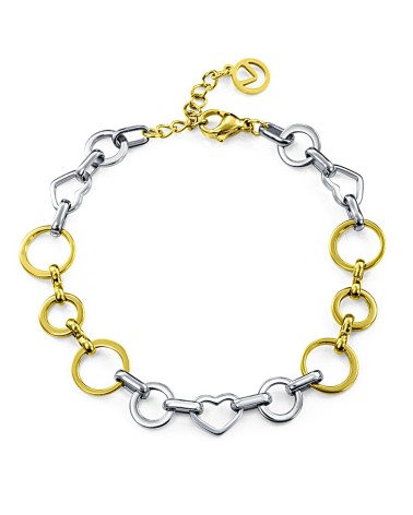 PULSERA ACEDO DORADO Y PLATEADO CORAZONES Y ARGOLLAS CALADOS