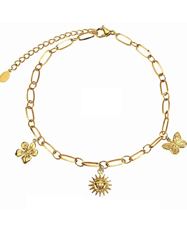 TOBILLERA DE ACERO BAÑO DORADO CON COLGANTES MARIPOSA FLOR Y SOL