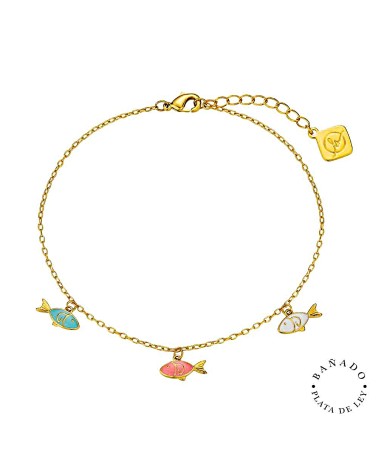 TOBILLERA BAÑO DE ORO TRES PECES CON ESMALTE DE COLOR
