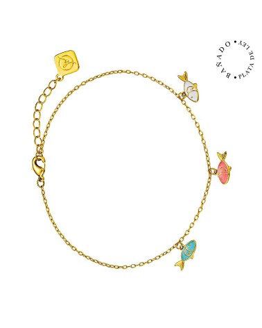 TOBILLERA BAÑO DE ORO TRES PECES CON ESMALTE DE COLOR