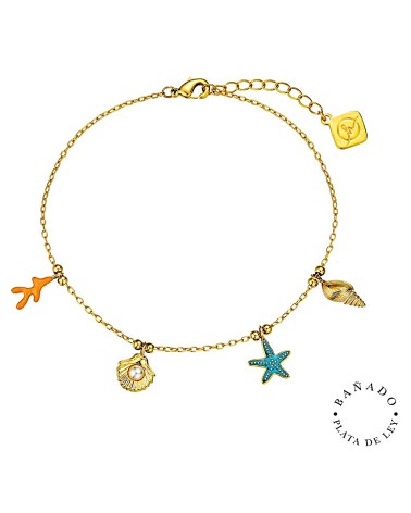 TOBILLERA BAÑO DE ORO CON COLGANTES CARACOLA ESTRELLA DE MAR RAMA DE CORAL Y CONCHA
