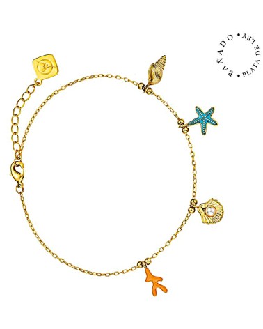 TOBILLERA BAÑO DE ORO CON COLGANTES CARACOLA ESTRELLA DE MAR RAMA DE CORAL Y CONCHA