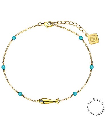 TOBILLERA BAÑO DE ORO CON BOLITAS AZULES Y PEZ CON PIEDRA EN EL OJO