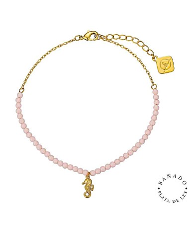 TOBILLERA BAÑO DE ORO BOLITAS COLOR ROSA Y CABALLITO DE MAR COLGANDO