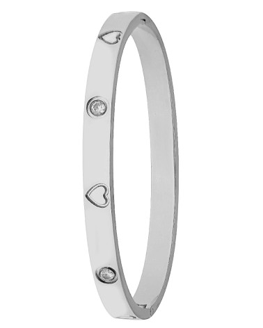 PULSERA BRAZALETE ACERO CON GRABADO DE CORAZONES Y ENGASTE DE PIEDRA
