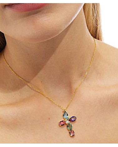 COLLAR PLATA 1ª LEY CADENA CON COLGANTE DE CRUZ PIEDRAS DE COLORES