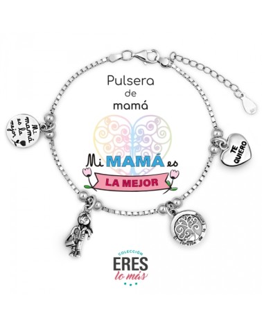 PULSERA PLATA 1ª LEY CON COLGANTE DE MAMÁ CORAZÓN ÁRBOL DE LA VIDA Y FIGURA DE LA MADRE