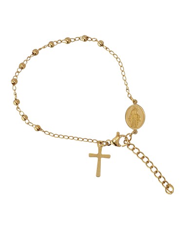 PULSERA ROSARIO ACERO DORADO CHAPA MILAGROSA Y CRUZ